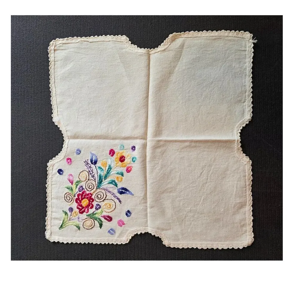 VTG Ivory Multicolored Embroidered Floral Doily Breadbasket Liner Cottagecore